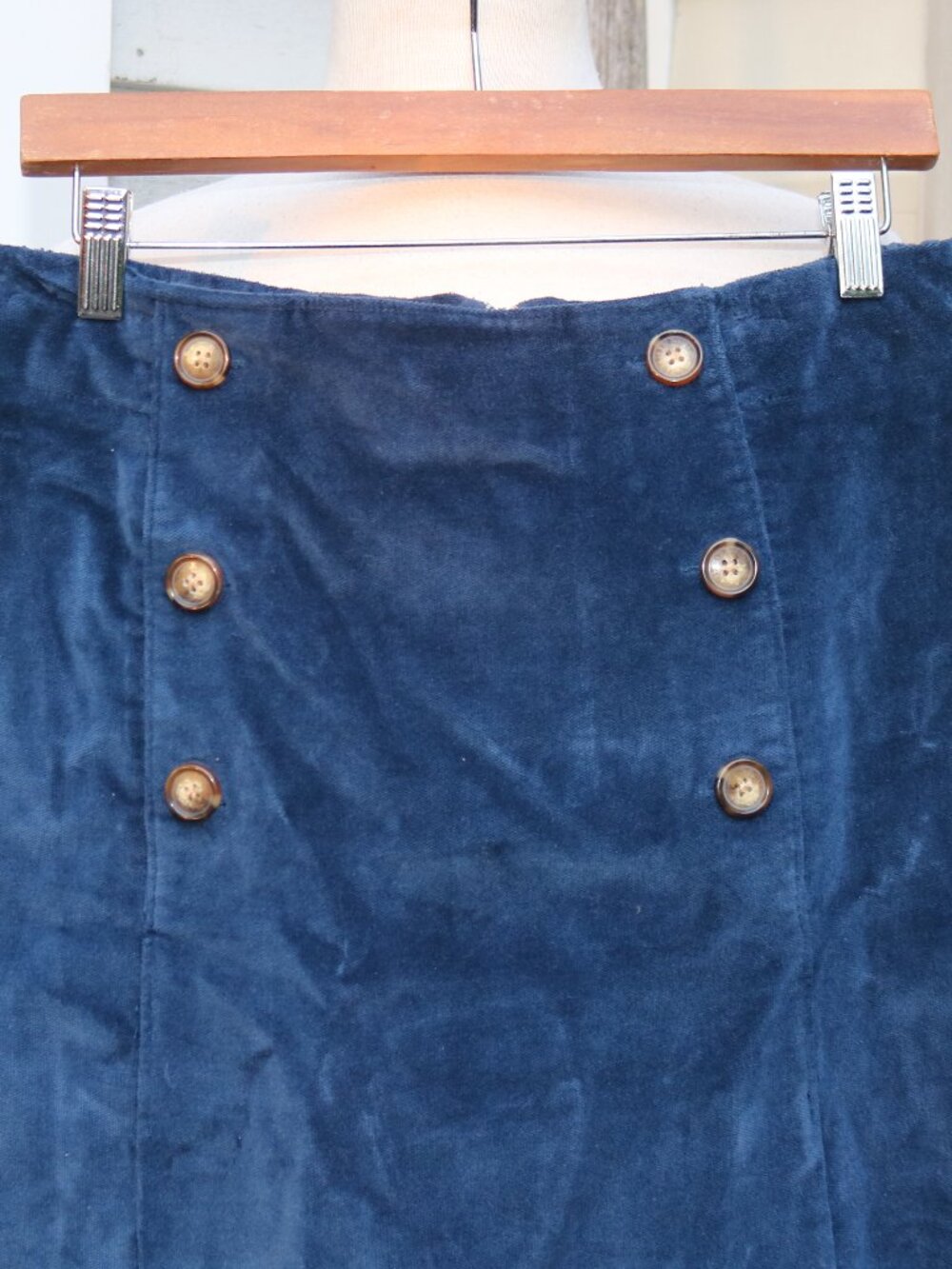 ORVIS Blue Velvet Double Breasted Buttons Elastic Sides Midi A-Line Skirt Sz 10 - Picture 2 of 5